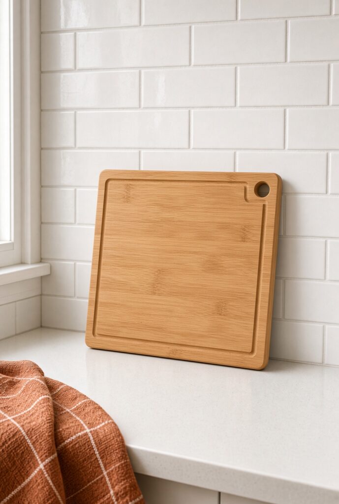 Bamboo cutting board leaning on a rental kitchen backsplash
