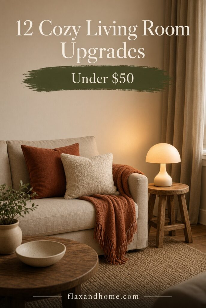 Cozy small living room with rust throw and warm lamp