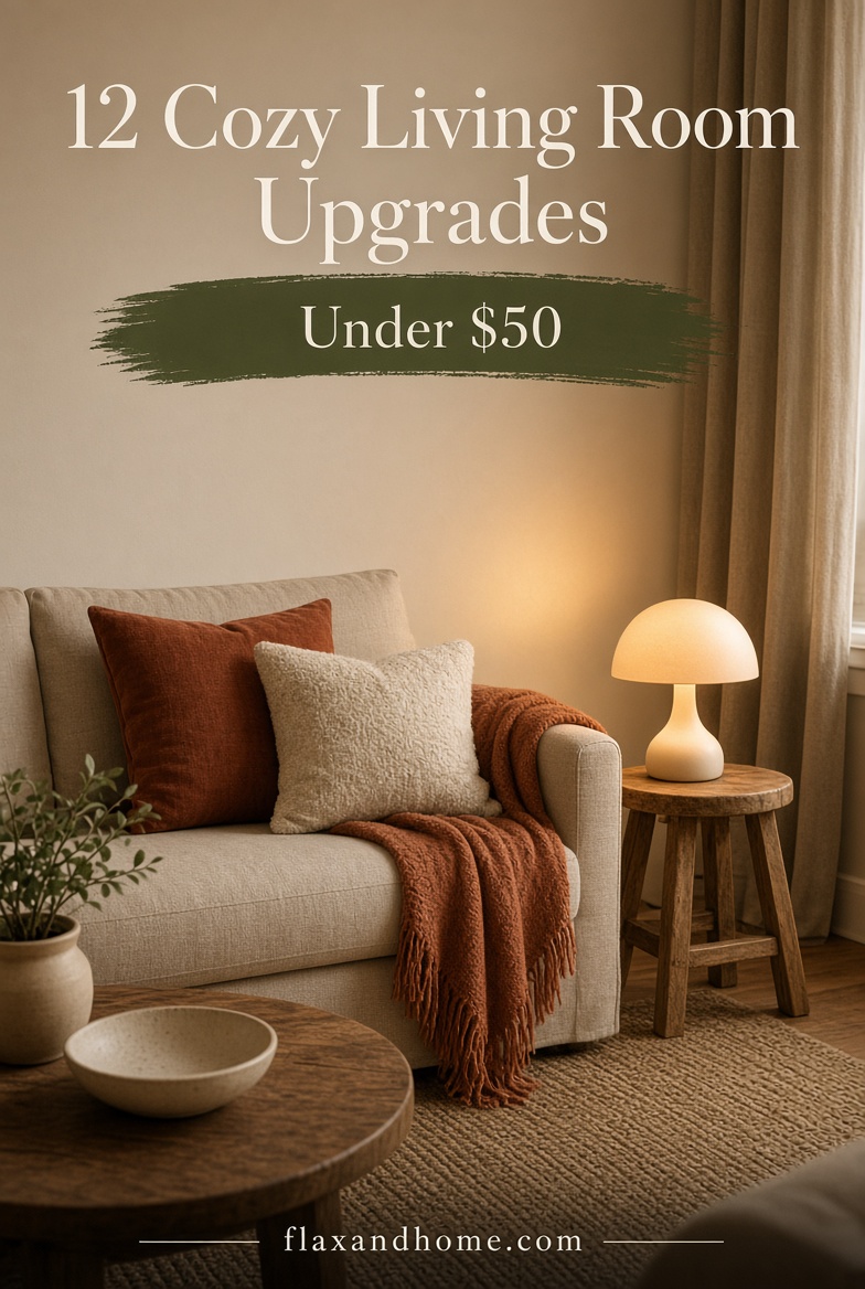 Cozy small living room with rust throw and warm lamp