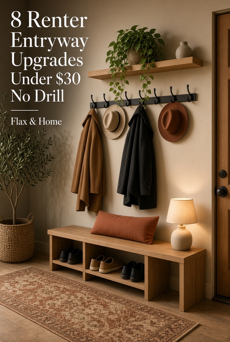 Cozy rental entryway with oak bench rust pillow lamp and runner
