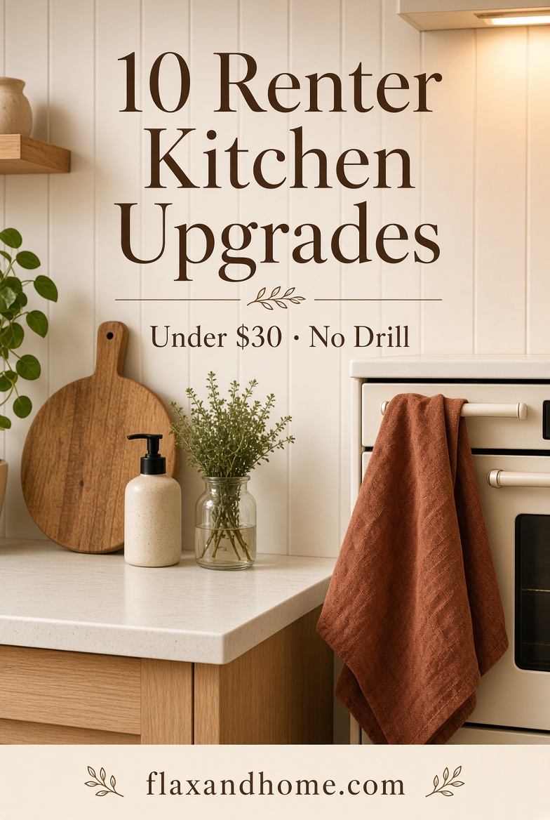 Renter kitchen with wood board rust towel and soap pump